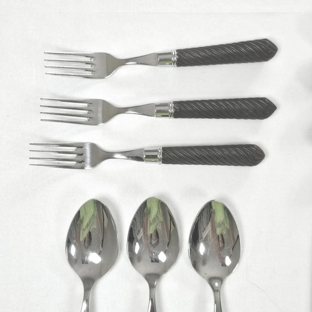 12pc Stainless Flatware Set Twisted Rope Handle Brown Black Thailand 3 Place Set